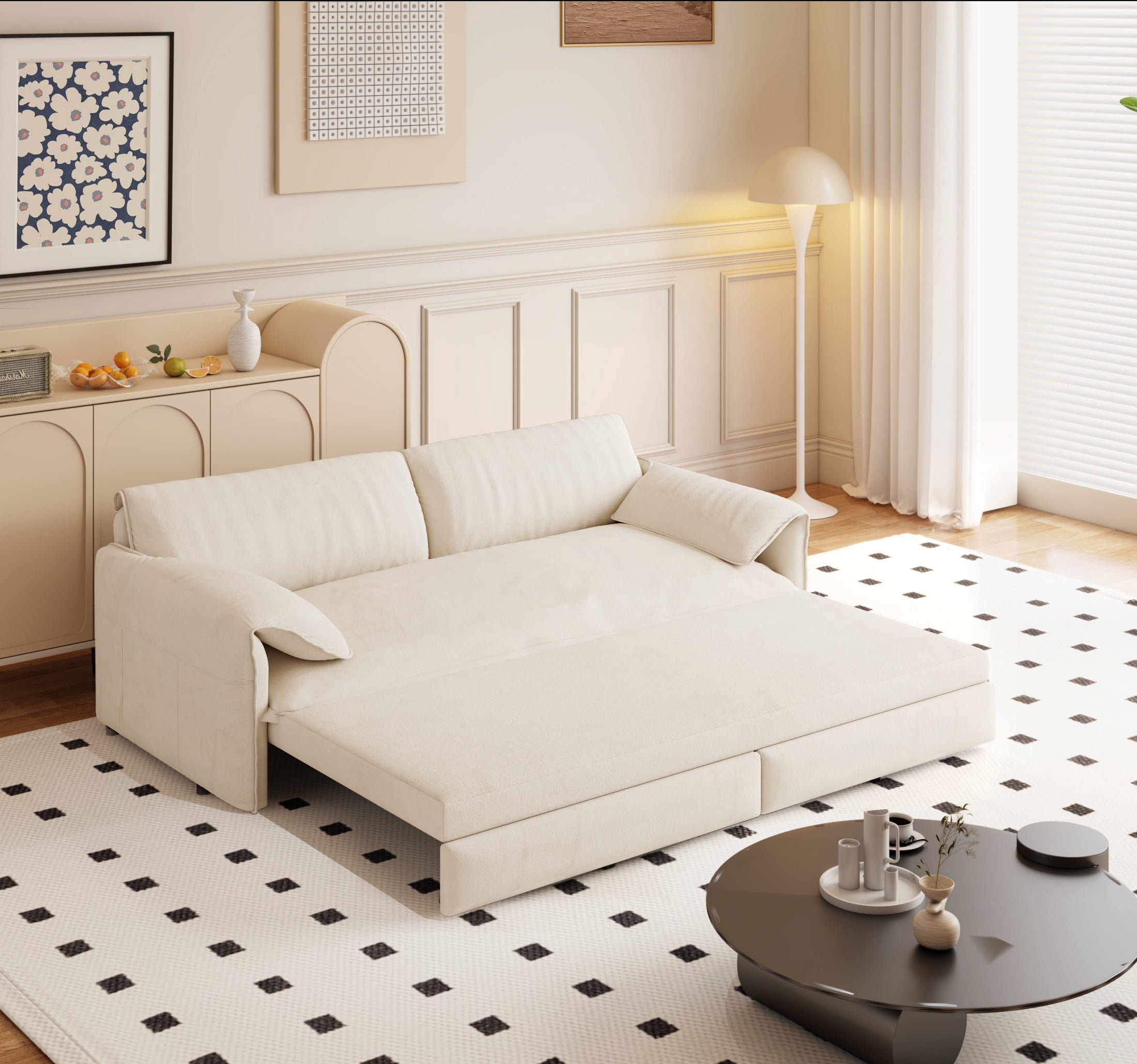 Aukfa Queen Sleeper Sofa Bed, Convertible Loveseat Pull Out Sofa Couch with Pillow Arm/Side Pockets, Beige