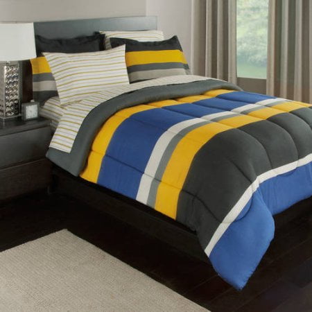 Gray Yellow Blue Stripes Boys Teen Full Comforter Set 7 Piece Bed In A Bag Com - Blue And Yellow Striped Bedding Gray Yellow Blue Stripes Boys Teen Full Comforter Set 7 Piece Bed In A Bag Com - Blue And Yellow Striped Bedding