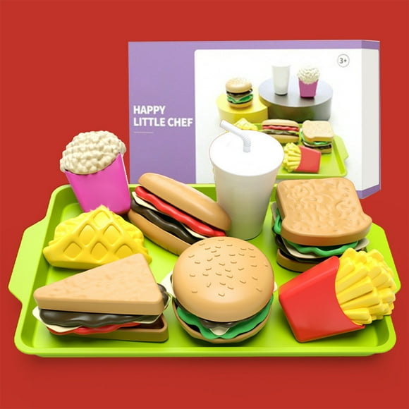 Ensemble de Nourriture Factice, Jouet Maïs Soufflé Burger Frites Sandwich, Kit de Restauration Rapide Détachable pour Enfants, Jouets Éducatifs avec Plateau et Boisson