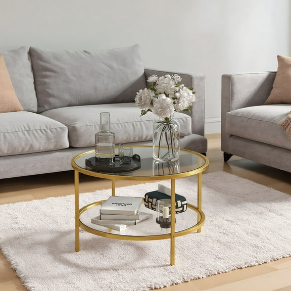 Kadyn Coffee Table, Center Table, Tea Table,Side Table with Storage, 26" Round End Table, 2-Tier Tempered Glass Coffee Table, Gold