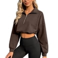thumbnail image 2 of YMNXA Women's Cropped Sweatshirt Long Sleeve Half Zip Stand Collar Solid Color Comfortable Slim Fit Top For Casual Daily Wear,Coffee,Xl, 2 of 4
