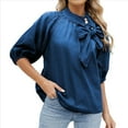 thumbnail image 2 of Camisa Vaquera de Cuello Alto con Botones y Lazo para Mujer, Mangas Abullonadas Elásticas, Corte Holgado, Top Corto de Mezclilla. Azul Oscuro S, 2 of 9