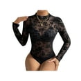 thumbnail image 2 of Women Sheer Mesh Bodysuit Long Sleeve Round Neck Floral One Piece See Through Bodycon Bodysuit Top Leotard Clubwear (Black, M), 2 of 9