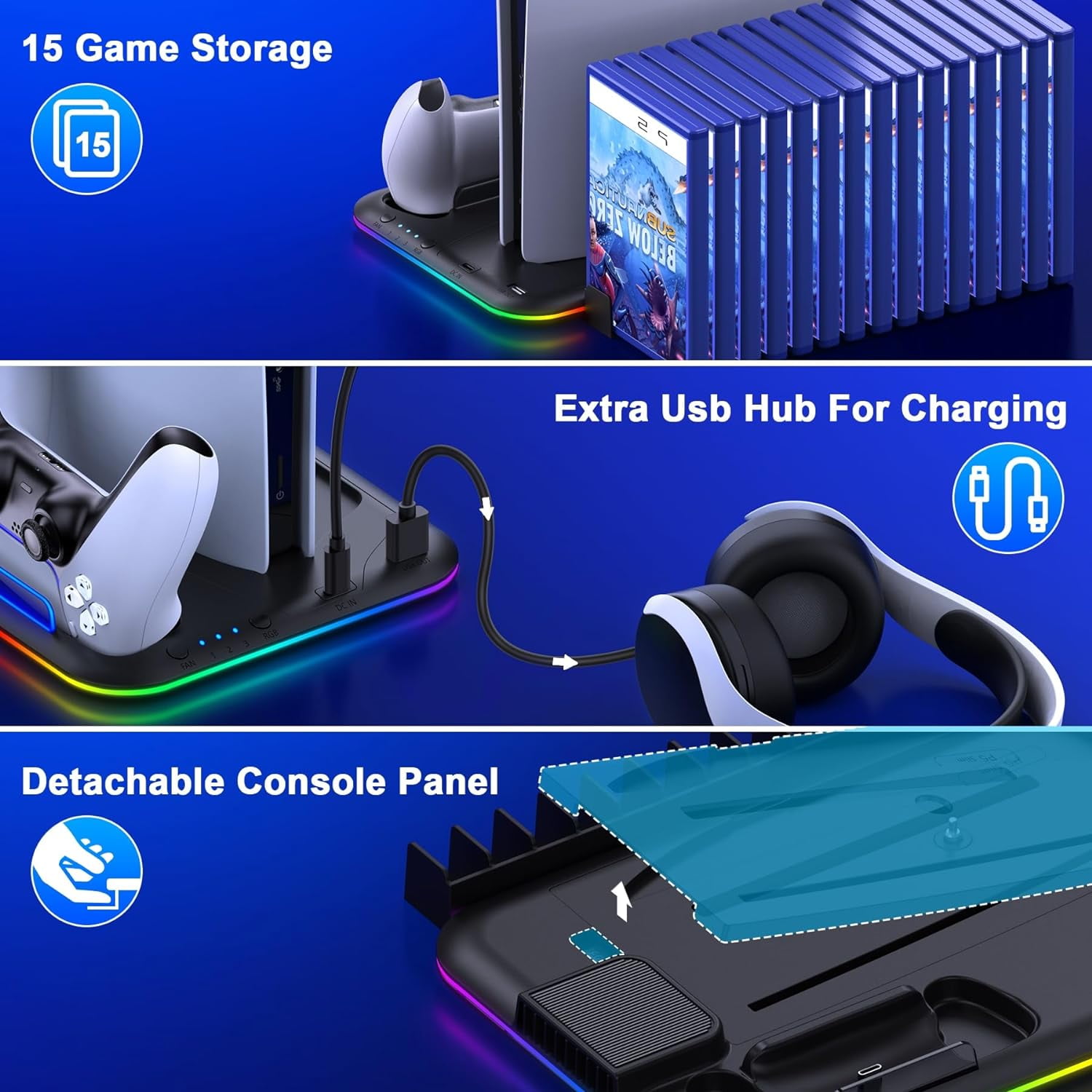 PS5 Slim Stand and Turbo Cooling Station with Controller Charging Station for Playsation 5, PS5 Accessories Incl. 3 Levels Cooling Fan, RGB Light, 15 Game Storage, Headset Holder for PS5 Digital/Disc