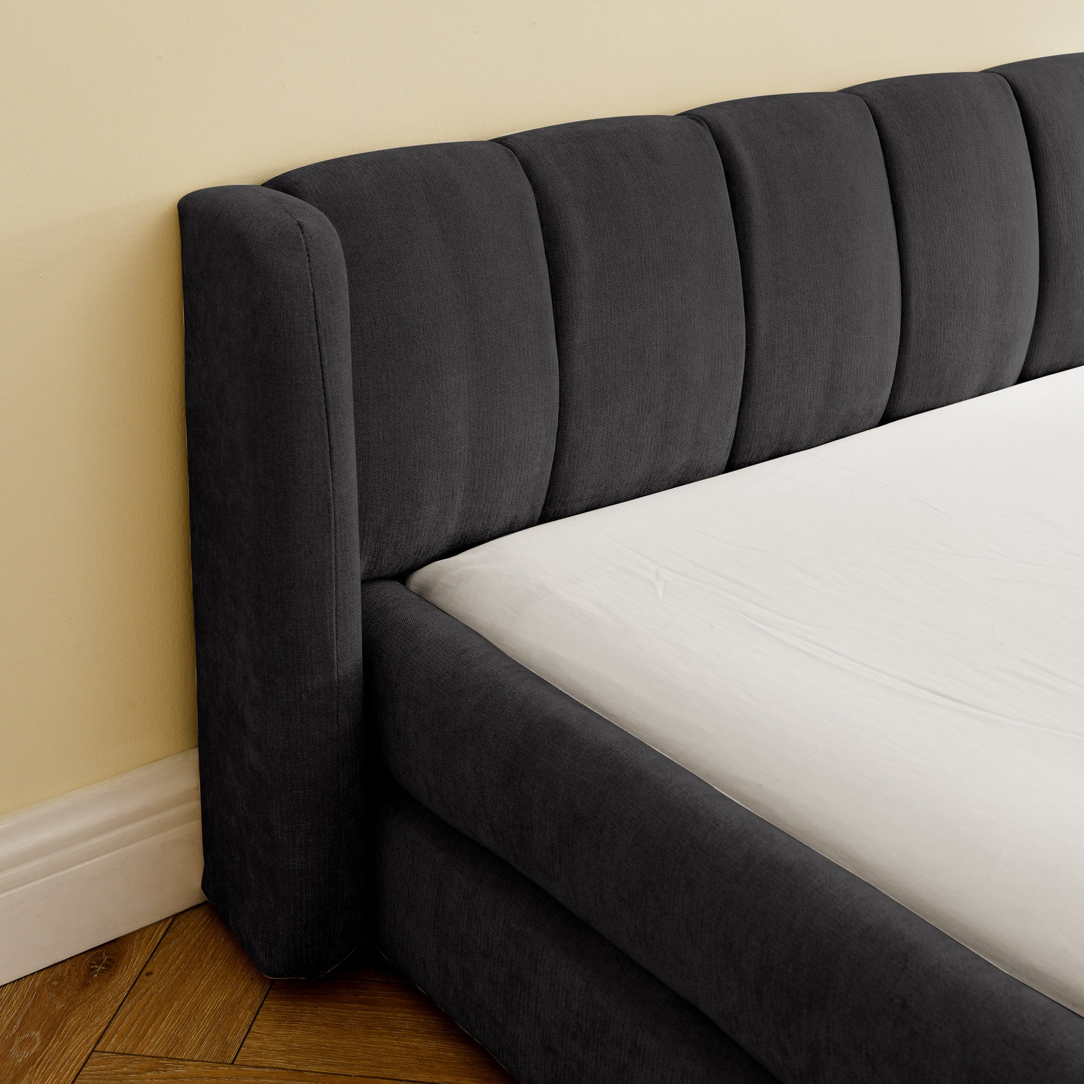 Noble House Heliox Modern King Size Grounded Bed Frame, Chenille Upholstered Platform Bed with Headboard, Dark Gray