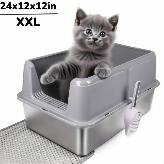 24" Steel Cat Litter Tray for Large Breed Felines, Includes Sifting Scooper & Waterproof Floor Mat
