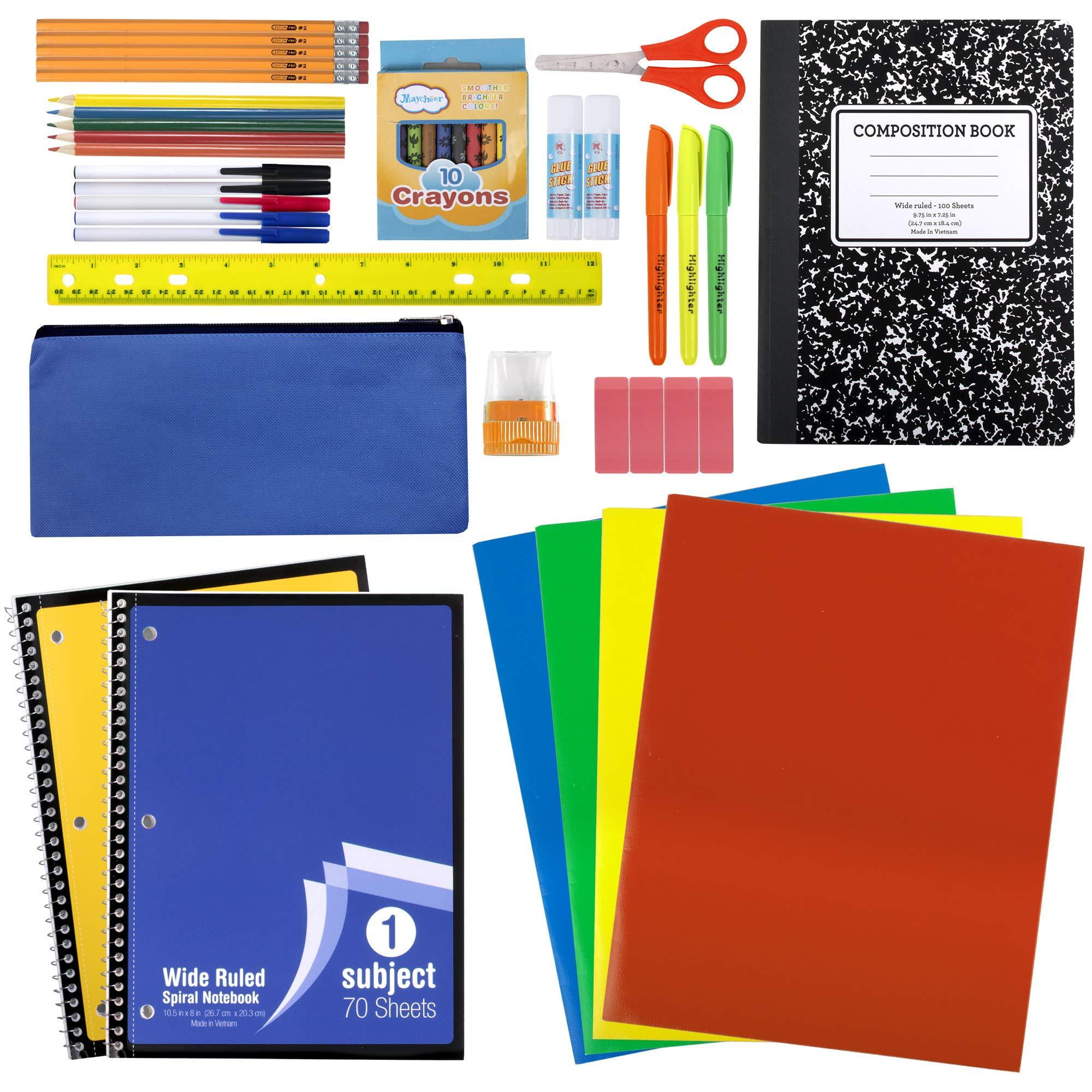 12 Pack of 45 Piece Stationary Supply Kits Containing 2 Spiral Notebooks, 4 Colored Folder, 5 Pens, 5 Pencils, 10 Crayons, 4 Erasers, 1 Pencil Case, 1 Sharpener, & More!