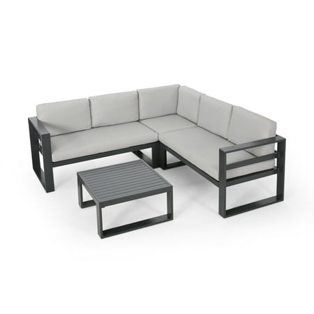 Queena Outdoor Aluminum Sofa Sectional with Coffee Table, Beige and Gray