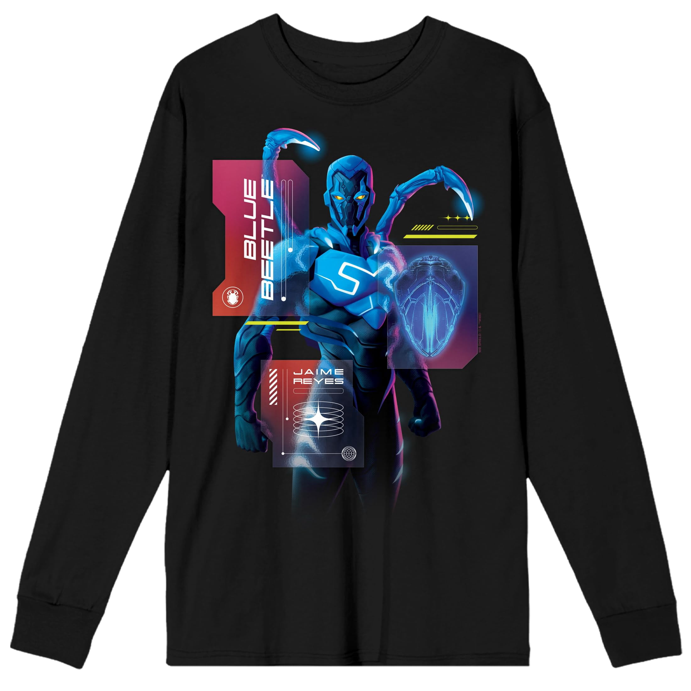 Blue Beetle Superhero Hologram Crew Neck Long Sleeve Black Adult Tee-Medium