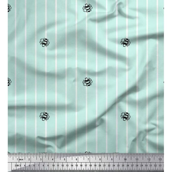 Soimoi Green Cotton Duck Fabric Bee & Stripe Print Fabric by the Yard 42 Inch Wide