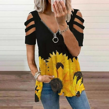 

Fatuov Summer T-Shirts for Women Fashion Women Hollow Out Print V-Neck Short Sleeve Casual Blouse Scrub Tops Women Yellow XXL