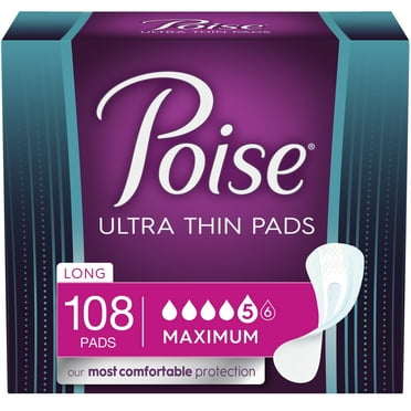 Poise Ultra Thin Incontinence Pads for Women, Maximum Absorbency, Long Length, 108 Count (3 Packs of 36) (Packaging May Vary)