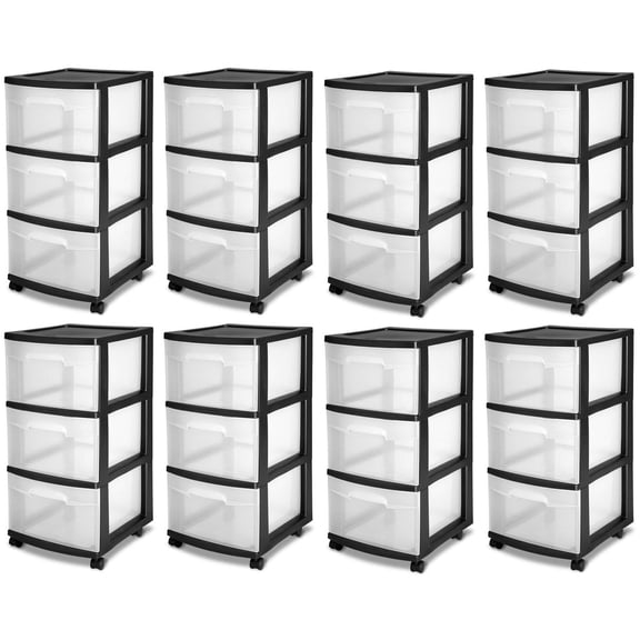 Sterilite 3-Drawer Plastic Rolling Storage Cart, Clear/Black Frame (8-Pack)