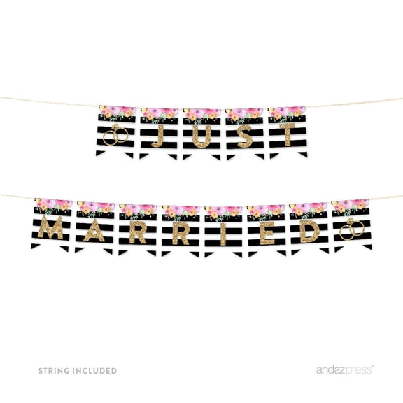 Just Married Floral Gold Glitter Wedding Hanging Pennant Party Banner with String