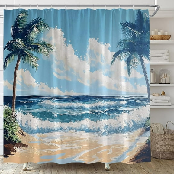 Beach Ocean Shower Curtain Seaside Coastal Oil Painting Hawaii Seashore Watercolor Summer Scenery Seascape Nature Fabric Bathroom Decor Set with Hooks 72"W x 72"L