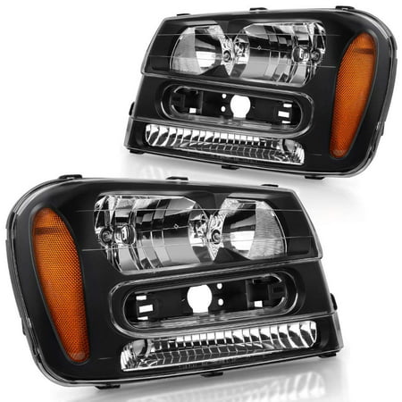 For 2002 2003 2004 2005 2006 2007 2008 2009 Chevy Trailblazer Headlight Assembly W/Full Width Grille Headlamp Replacement Amber Reflector (Driver & Passenger Side)