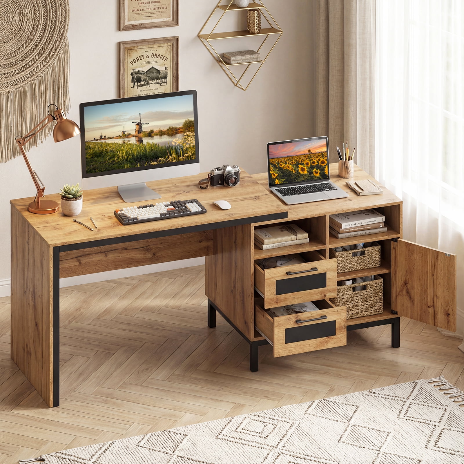 Costway 71” Executive Desk with Open Compartments, Storage Drawers & Single-Door Cabinet Natural