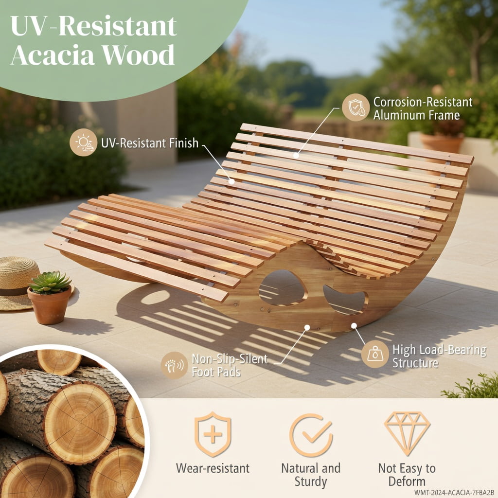 Hommoo Slatted Acacia Wood 2-Seat Dual Rocker Patio Sunbed, Ergonomic Curved Seat, Poolside & Backyard Lounger, Natural