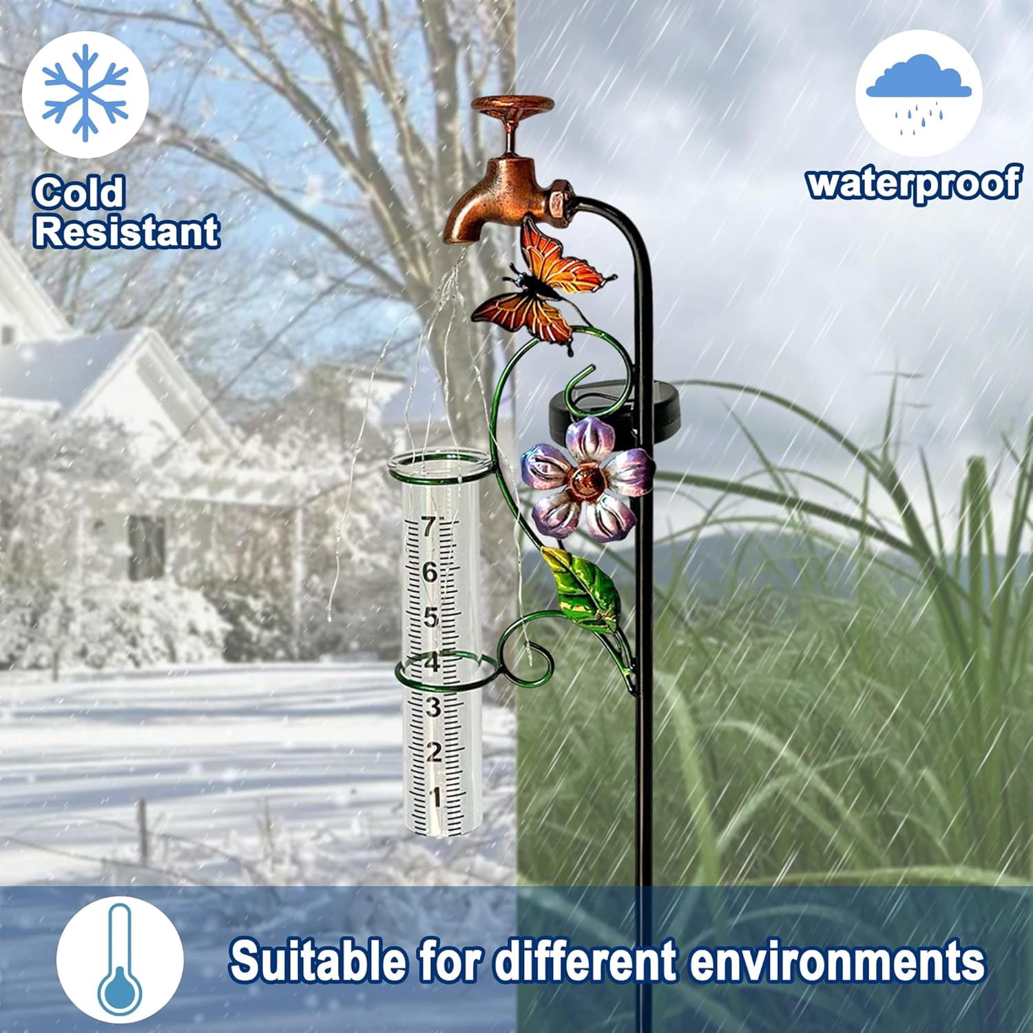 32" Garden Rain Gauge with Thermometer - 7" Glass Tube for Outdoor Indoor Use, Patio Yard Decor Statue