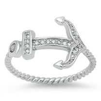 CHOOSE YOUR COLOR Women's Anchor Ring White CZ .925 Sterling Silver Rope Band Female Size 10
