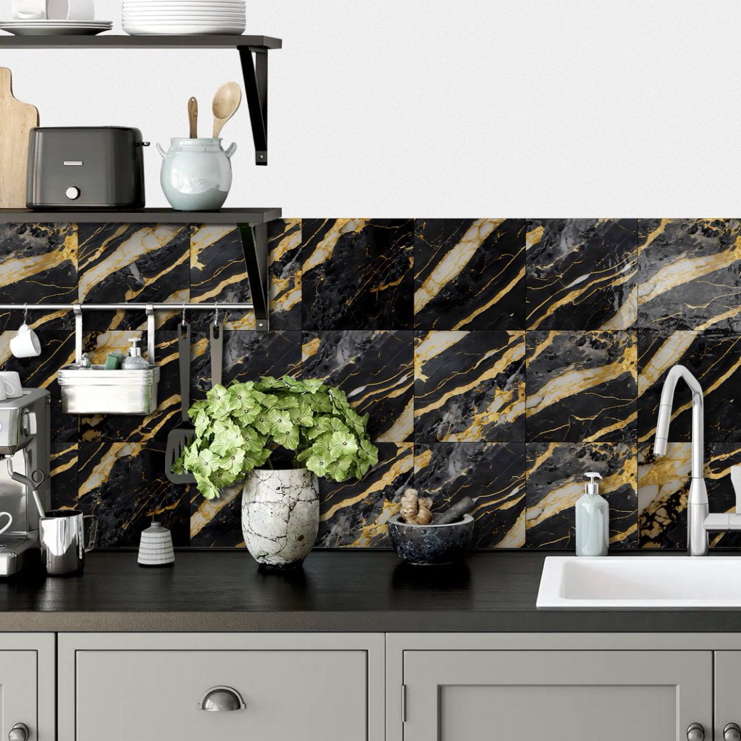 16 Piece Black Gray Gold Tile Stickers PVC Backsplash 8" x 8" Marbling Wall Decals DIY Decor Kitchen Peel and Stick Waterproof Tile
