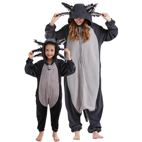 Novelty Axolotl Cartoon Cosplay Jumpsuit for Children, Easy Wear One Piece PJs, Wear Resistant Plush Fleece Material for Holiday Photo Black 100