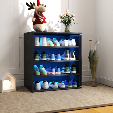 Stackable Shoe Storage Box with RGB LED Light Wooden Shoe Display Case with Glass Door 4-Tier Sneaker Organizer for Closet Hallway
