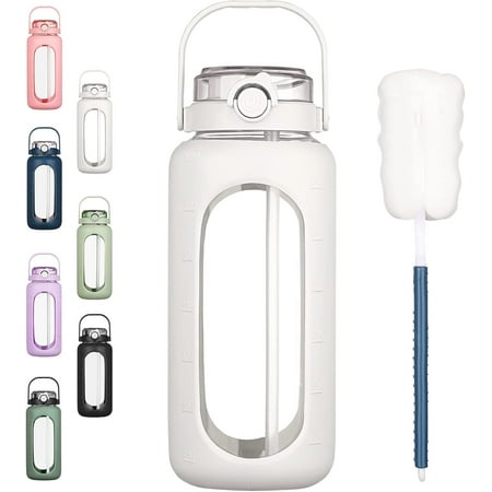 MaxxMarket 64oz Glass Water Bottles with Straw Time Marker Half Gallon Large Motivational Water Bottle with Silicone Sleeve 2 Liter Large Glass Water Jug for Gym Sports& Workout Daily White