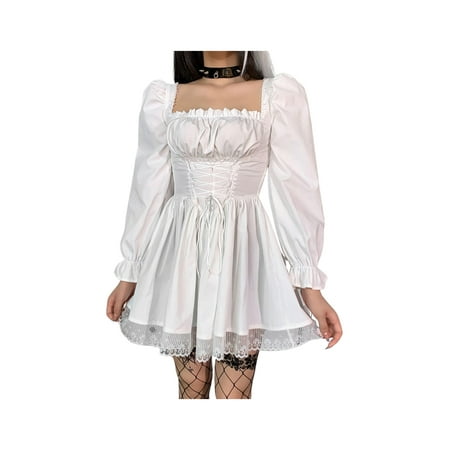 

Women Lolita Corset Dress Tie-up Solid Color Square Collar Puff Sleeve Lace 1PC