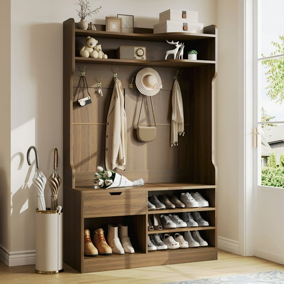 Dtwnek Hall Tree with Bench, 5-in-1 Entryway Shoe Storage Cabinet with7 Coat Hooks and Drawer, Brown