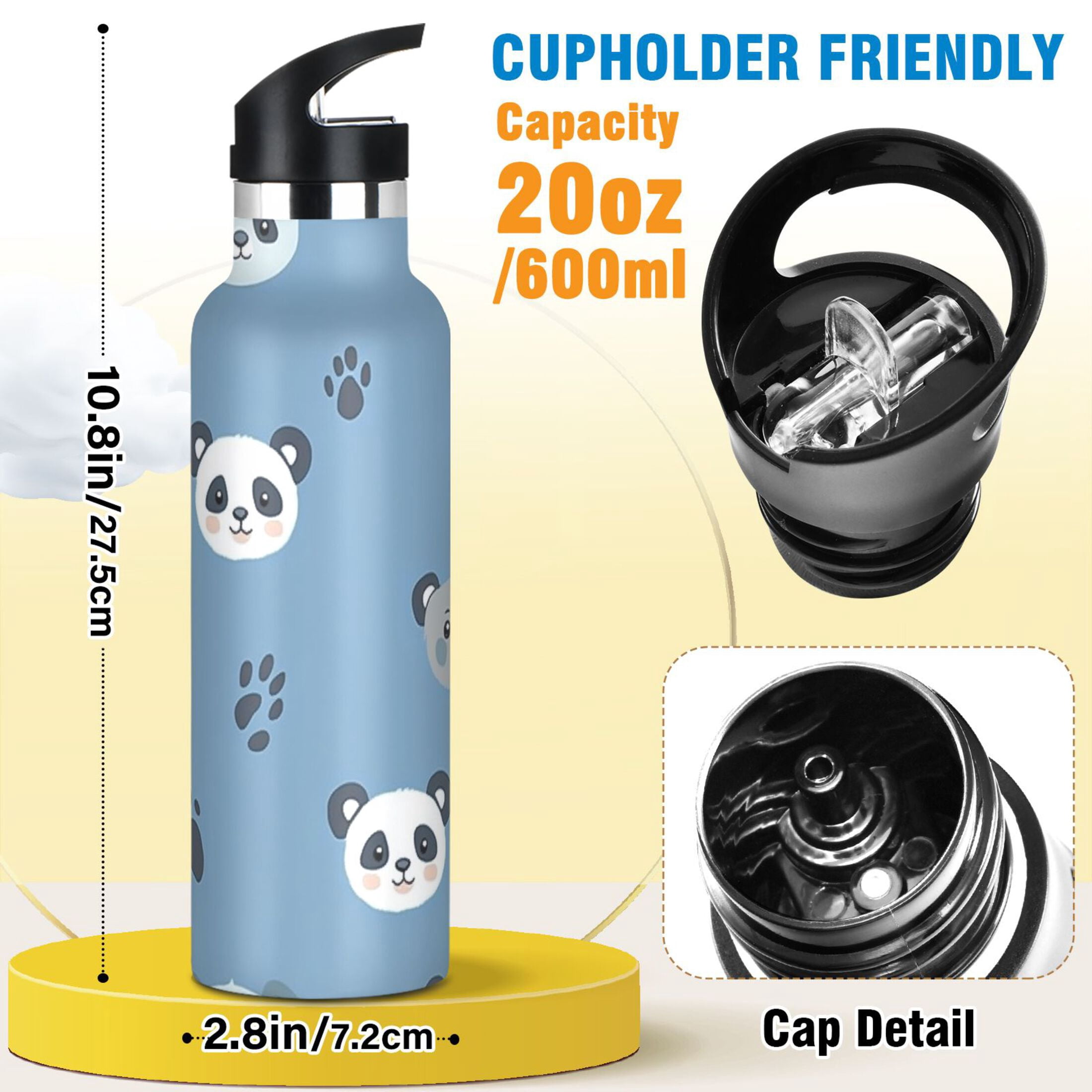 Kids Insulated Stainless Steel Sports Water Bottle 600ml (20oz), BPA-Free Animal Paw Prints and Panda