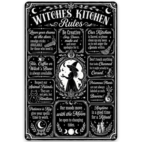 Witches Kitchen Rules Metal Sign 8x12 Inch - Vintage Witch Decor, Indoor Outdoor Wall Art, Halloween Rustic Style, Black and White Iron Wall Plaque with Pre-Drilled Holes for Easy Hanging
