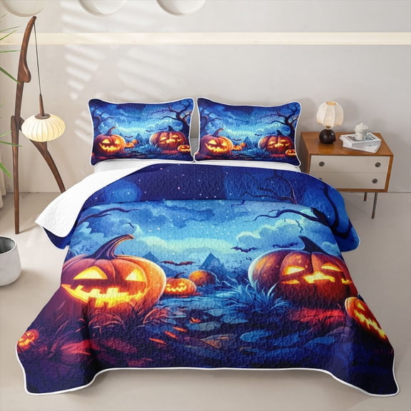 Homewish Magical Halloween Pumpkin Twin Quilt Set,Bat Night Sky Print Twin Coverlet Set,Deep Blue Orange,2-Piece