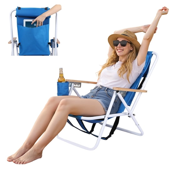 Sioweci Adjustable Portable Outdoor Recliner,Backpack Beach Chair,Folding Lawn Chair with Cup Holder, Adjustable 4 Positions Recliner, Padded Headrest & Shoulder Straps,Blue