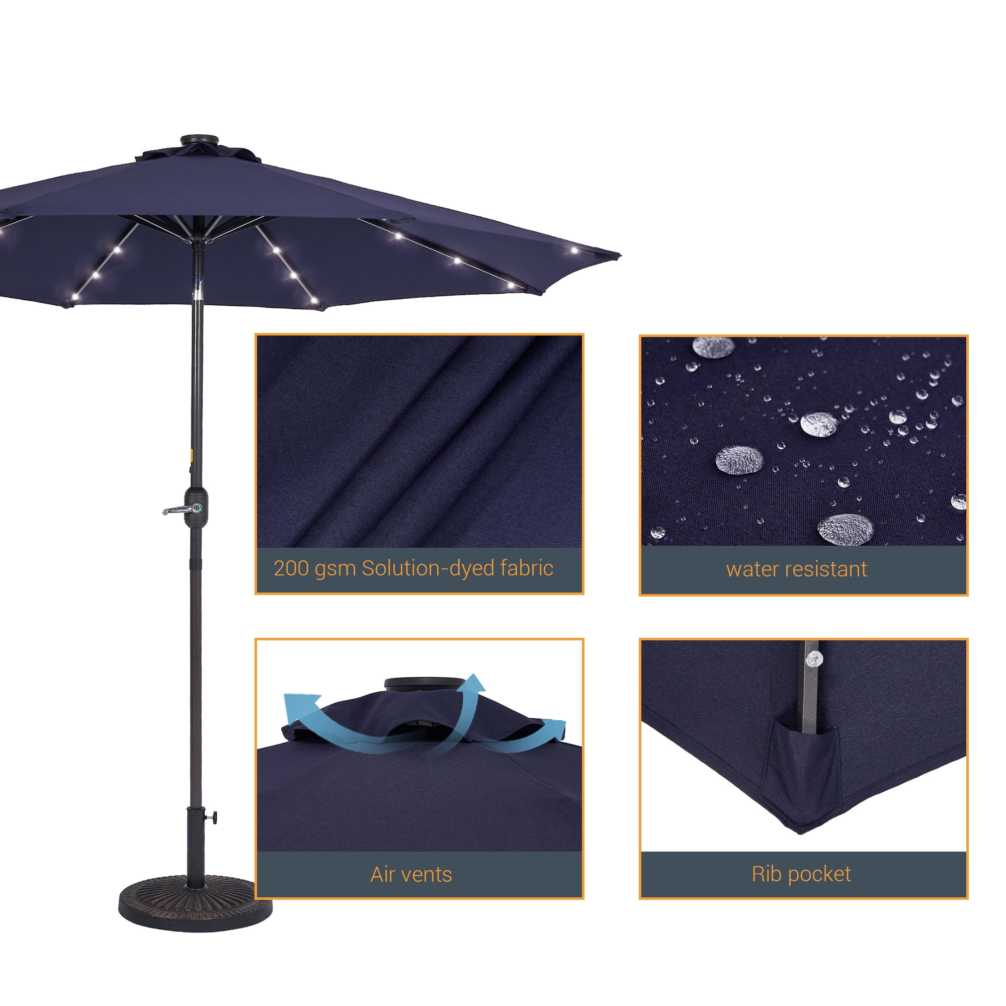 CHYVARY Outdoor LED 9Ft Patio Table Umbrellas with Solar Lights and Tile Button for Garden, Deck and Poolside,Navy Blue