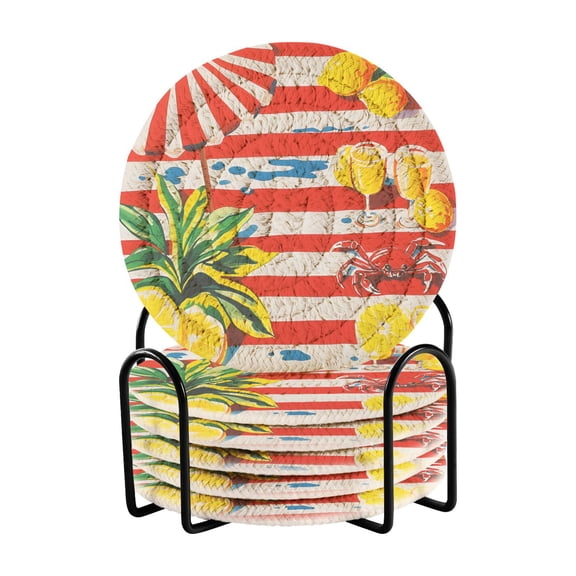 Yayeee 6 PCS Drink Coasters with Holder Set Woven Absorbent Round Tabletop Hot Pad, Striped Lemon