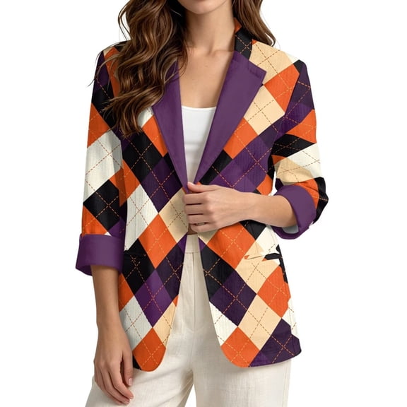 Xixirimido Halloween Argyle Purple Orange Womens Business Casual Blazer, 2XL, 3/4 Sleeve Work Office Suit Jacket with Pockets, Notched Lapel Collar, Womens Fashion Blazer