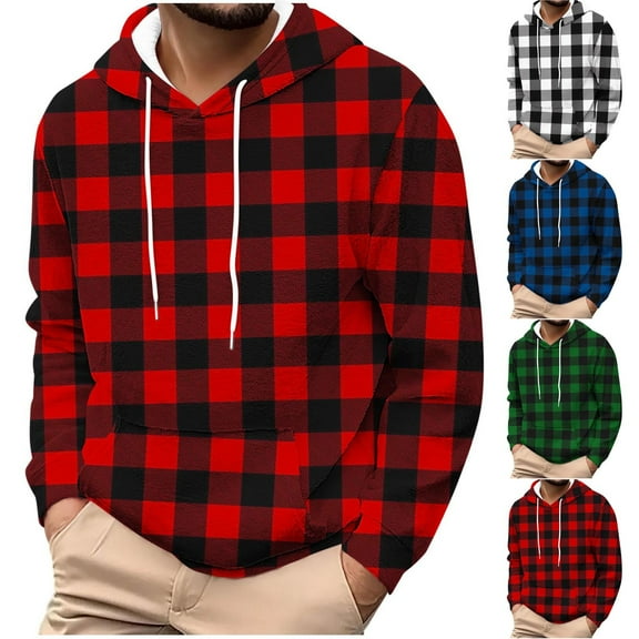 FRSASU Men's Flannel Hoodie Drawstring Pullover Shirts Long Sleeve Casual Vintage Plaid Shirt Sweatshirt with Pocket White