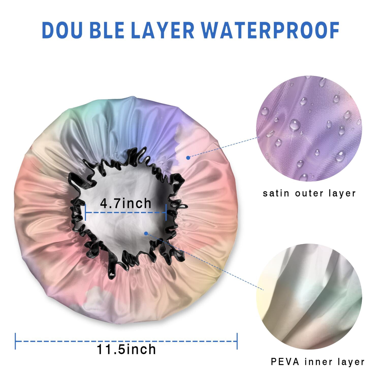 Shower Caps,Pastel Rainbow Clouds Waterproof Shower Cap for Women 4 Pieces,Double Reusable Hair Cover for Shower PEVA Elastic Stretch Hem
