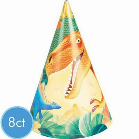 Various Dinosaur Prehistoric Party Cone Hats, 8 Count