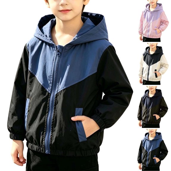 MexChoioe Kids Color-Blocked Hooded Windbreaker Sun Protection Pocket UPF 50 Wrinkle Resistant Casual Fashion School Streetwear Top for Boys