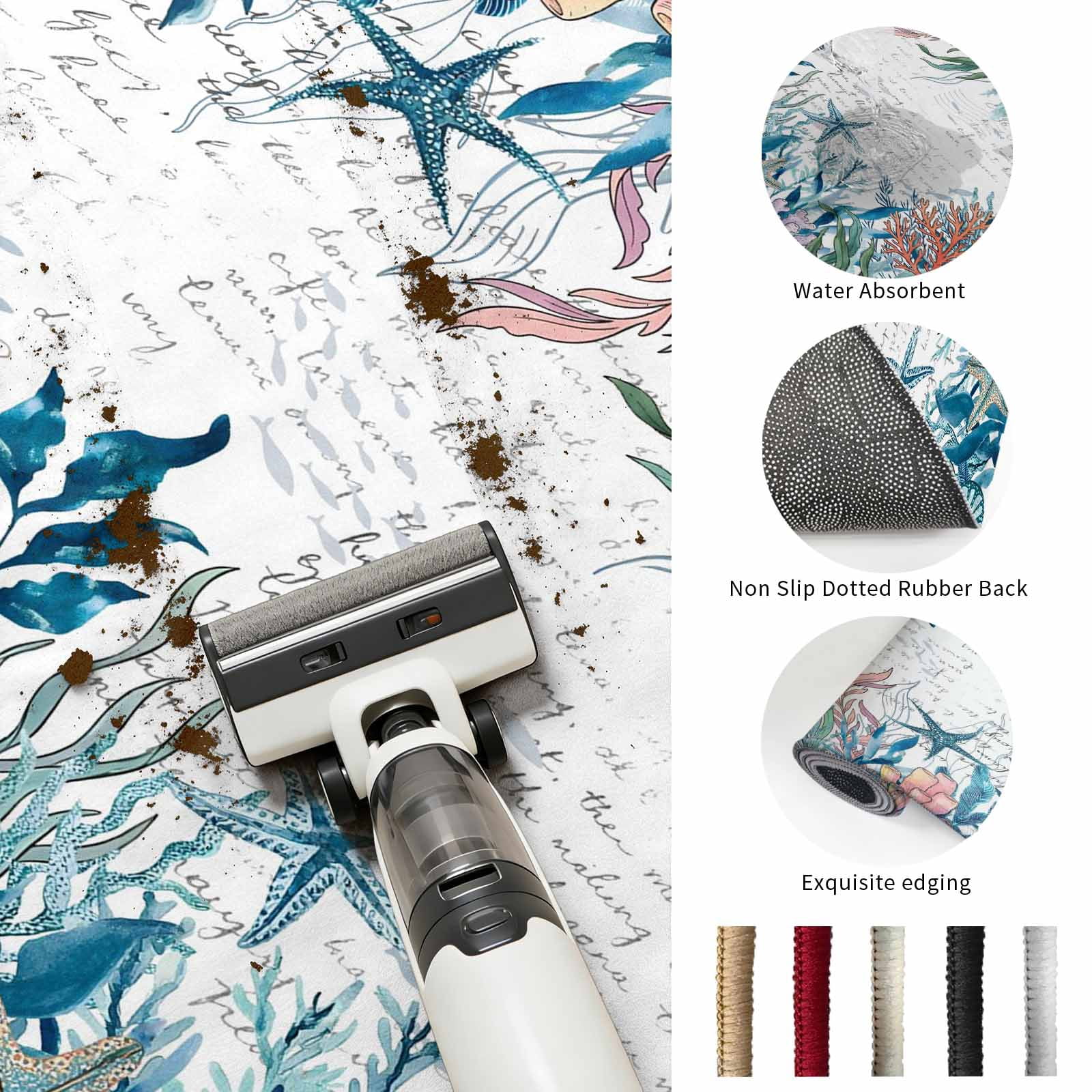 Area Rugs 4'x6'. Coastal Teal Seaweed Carpet Runner Indoor Outdoor Rugs Home Decor Aesthetic, Summer Beach Coral Starfish Retro Non Slip Mats Washable Accent Rug for Living Room Bedroom