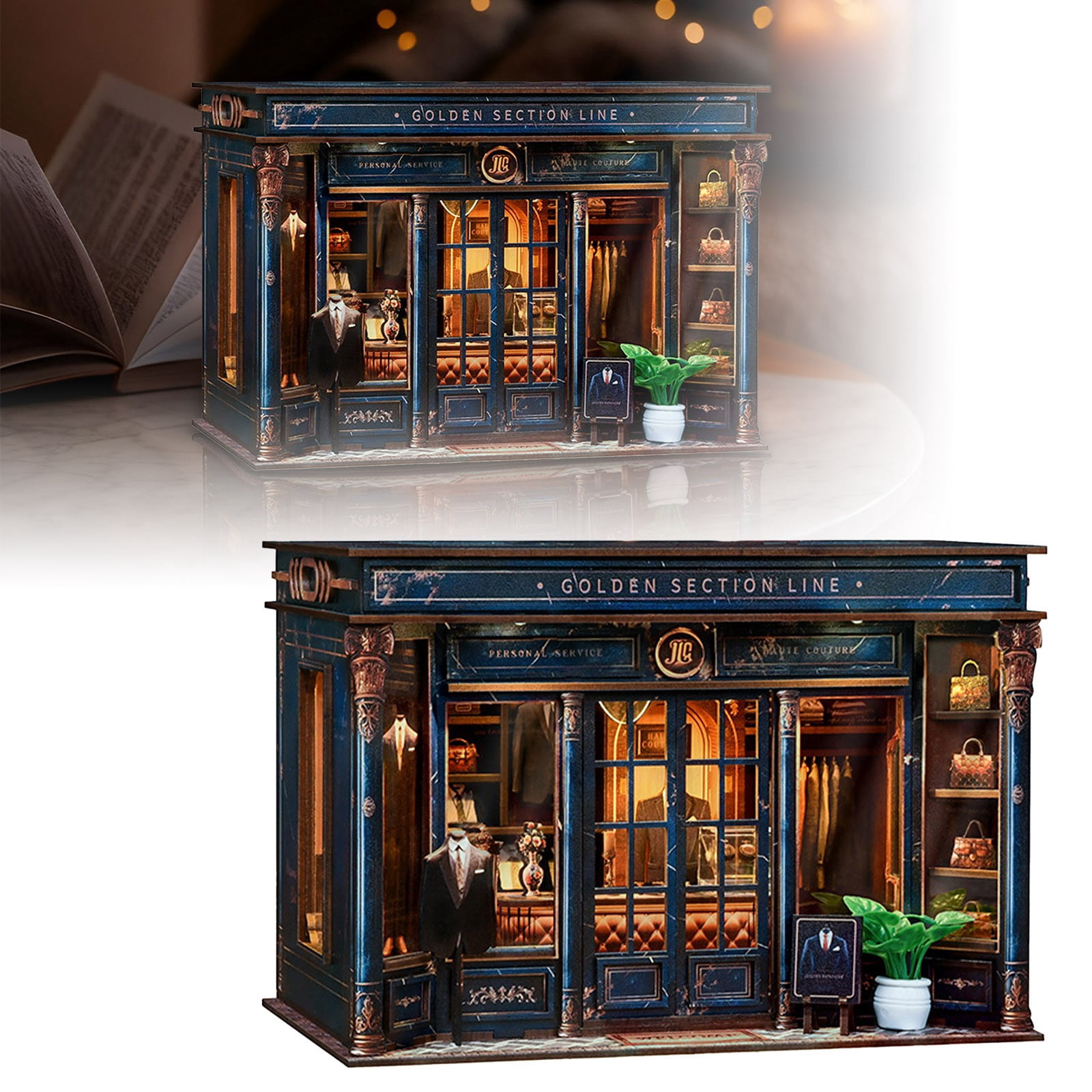 DIY Book Nook Kit - DIY Miniature Dollhouse Kit 3D Wooden Puzzles Gentleman's Clothing Store, Tiny House Bookshelf Decor with LED, Gift for Adults - Golden Section Line