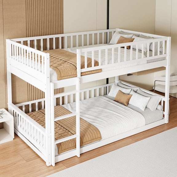 Euroco Wood Queen over Queen Bunk Bed with Ladder and Guardrails, White