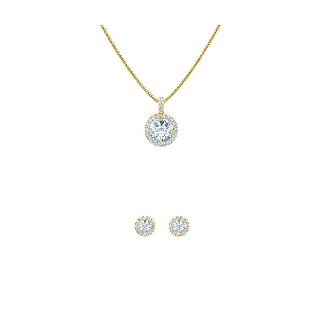 18K Yellow Gold 1/2ct  Halo Aquamarine Round 18 Inch Necklace and Halo Earrings Set Plated