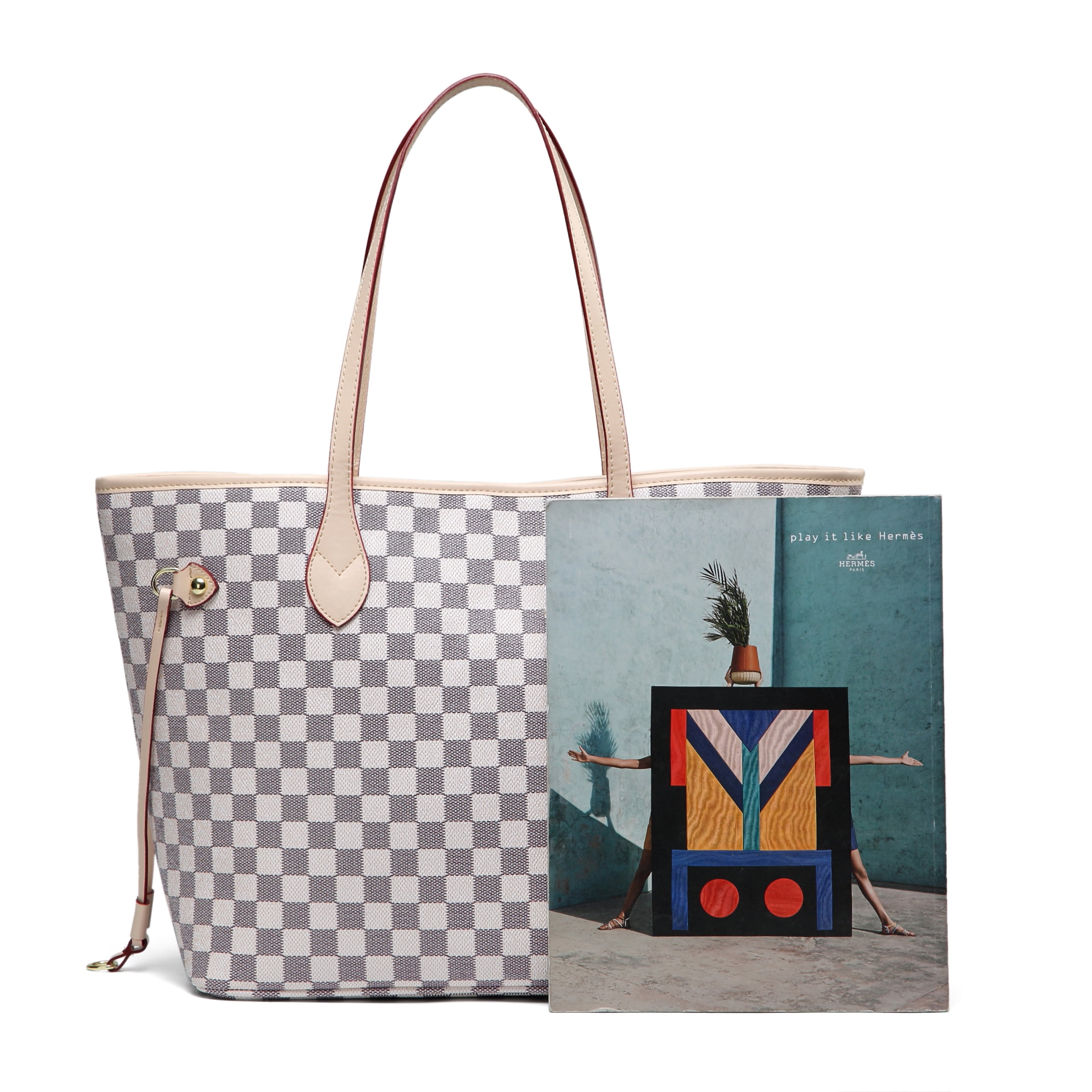 Brand New Women/'s Inspired Check Pattern Shopper Bag Set Of Two Bags Check Bag