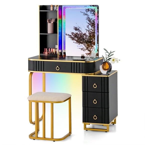 Costway Vanity Table Set with RGB LED Lights Crystal Crush Diamond Mirror Drawers Black