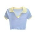 thumbnail image 4 of vigerkar Women's Short Sleeve V Neck T Shirts Ribbed Knit Slim Fit Tee Top Collar Polo Shirt Blue, One Size, 4 of 4