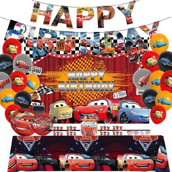 Car Birthday Decorations Supplies, Lightning Mcqueen Happy Birthday Decor Set for Girls, Includes Backdrop Banner Cupcake Topper tablecloth Balloons