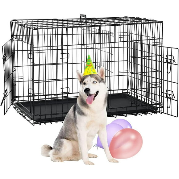 NiamVelo 48 inch Large Dog Crate Dog Cage Dog Kennel, Folding Metal Wire Pet Crate with Handle and Plastic Tray, Indoor&Outdoor, Black XXL